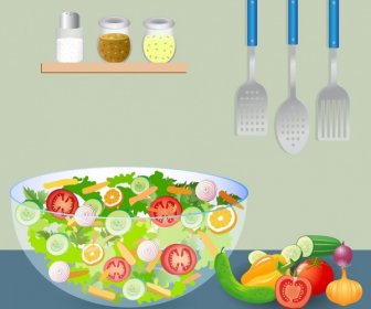 Salat-Küche Gemüse Geschirr Symbole Bunten Design Zeichnen