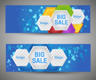 Sale Banner Sets On Bokeh Hexagons Background