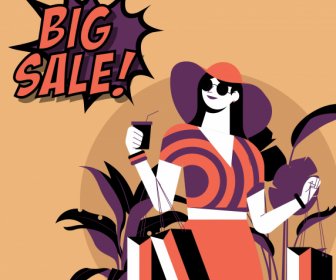 Sale Banner Shopping Lady Cartoon Character Sketch