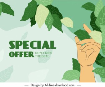 Sale Banner Template Classical Green Leaves Hand Sketch