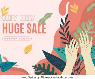 Sale Banner Template Colorful Leaves Hands Sketch