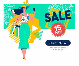 Sale Banner Template Shopping Woman Sketch Colorful Decor