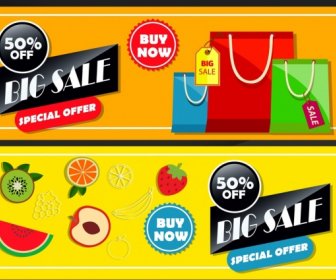 Sales Banner Templates Fruit Bags Icons Colorful Design