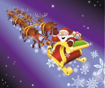 Weihnachtsmann In Seinem Schlitten Mit Geschenkpaket Auf Blauem Hintergrund Vektor Schneeflocke