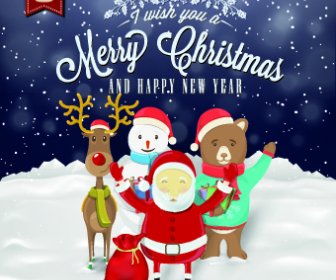 Santa With Cute Animal And Snowman Christmas Background