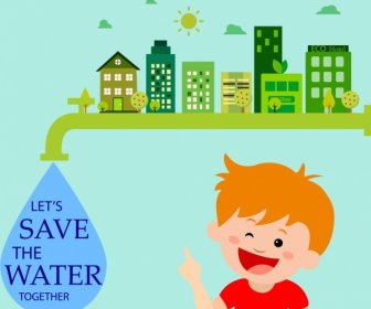Saving Water Banner Drop Tap Green City Icons