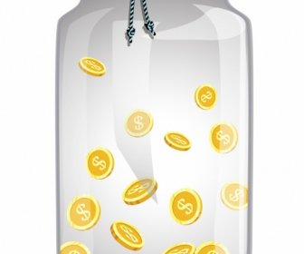 Oszczędności Koncepcja Tło Szklany Słoik Złote Monety Ikony