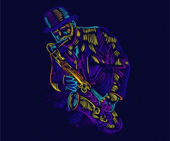ícone Saxofonista Escuro Colorido Esboço Desenhado à Mão