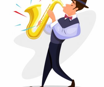 ícone Saxofonista ícone Dinâmico Esboço De Desenho Animado Plano