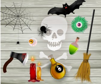 Scary Halloween Icons Sets On Wooden Background