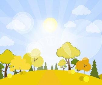 Scenery Drawing Design With Sunshine And Trees