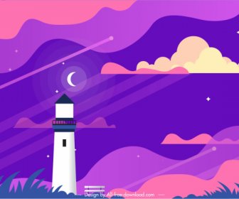 風光明媚な絵画夜空灯台インテリア カラフル フラット