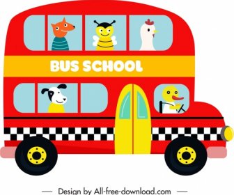 Ikon Bus Sekolah Berwarna-warni Sketsa Datar Bergaya Kartun