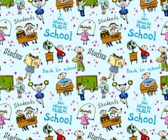 School Elements With Students Seamless Pattern Vector