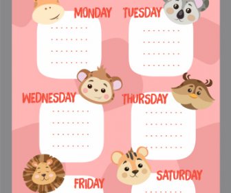 school timetable template cute cartoon animals sketch