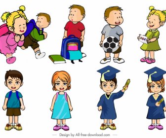 Schoolchildren Icons Colored Cartoon Characters