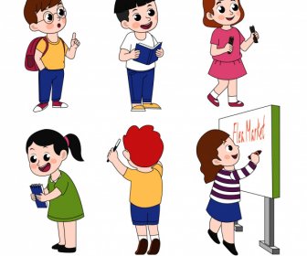 Schulkinder Ikonen Niedliche Cartoon-Charakter-Skizze
