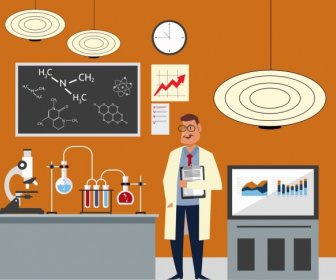 Wissenschaft Hintergrund Labor Werkzeuge Wissenschaftler Ikonen Cartoon-Design
