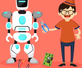 Personnages De Dessin Animé Icônes Homme De Science Travail Contexte Robot