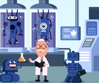 Science Work Background Scientist Laboratory Robot Icons