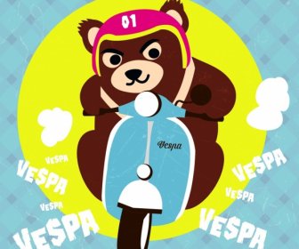 Scooter Advertising Stylized Bear Icon Multicolored Flat Decor