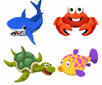 Sea Animals Icons Cute Cartoon Sketch Colorful Design
