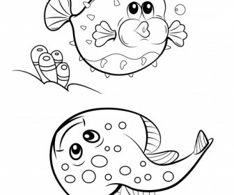 Animali Marini Icone Pesci Specie Schizzo Cartone Animato Disegnato A Mano
