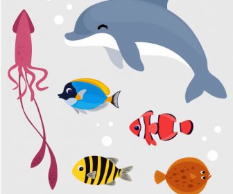 sea animals icons fishes squid dolphin sketch