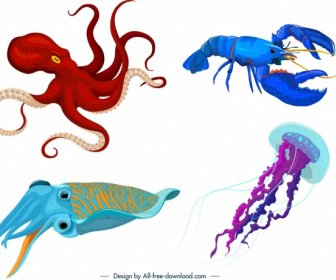 Ikon Hewan Laut Gurita Lobster Cumi-cumi Ubur-ubur Garis Besar