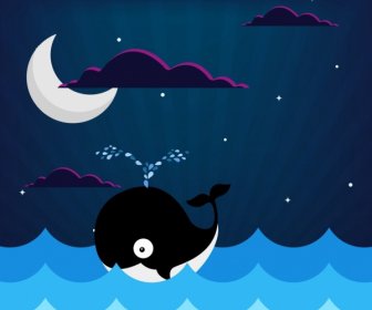 Mar De Fondo De Luna Whale Iconos Dibujo Coloreado