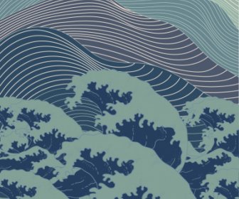 sea background template retro waves curves handdrawn motion