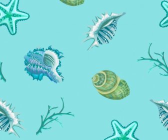ícones De Estrela Do Mar Criatura Padrão Conchas Azul Decoração