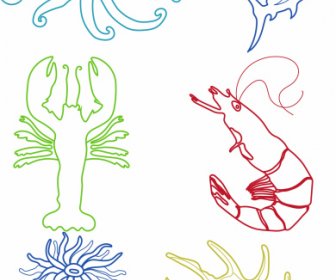 Creature Marine Icone Contorno Colorato Disegnato A Mano