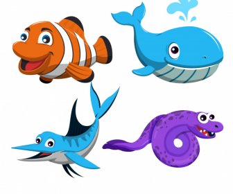 Sea Creatures Icons Cute Cartoon Characters Colored Design