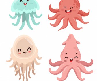 Sea Creatures Icons Cute Cartoon Characters Sketch