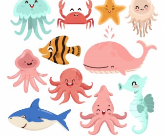 sea creatures icons funny cartoon character sketch
