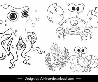 Sea Creatures Icons Octopus Crab Sketch Funny Cartoon Design