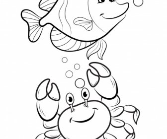Sea Creatures Icons Stylized Cartoon Sketch Handdrawn Design