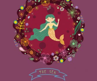 Dekorasi Laut Dengan Putri Duyung Dan Desain Floral Lingkaran