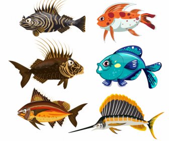 Sea Fish Species Icons Colorful Modern Design