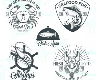 Emblemas De Alimentos Do Mar Com Rótulos Vetor Definido