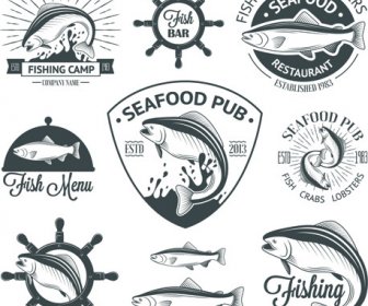 Emblemas De Alimentos Do Mar Com Rótulos Vetor Definido