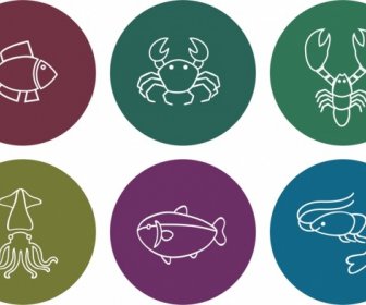 Sea Food Icons Outline Various White Flat Isolation