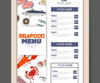 шаблон меню морепродуктов плоские классические морские элементы