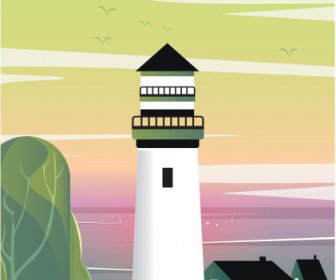 Sea Scene Background Lighthouse Sketch Colorful Flat Design