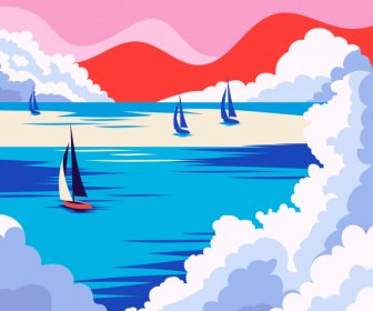 Decoração De Nuvens Do Mar Cena Pintura Coloridos Barcos Clássicos