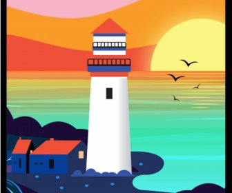海のシーン絵画灯台日没スケッチカラフルなフラット
