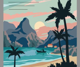 Deniz Manzarası Posteri Renkli Klasik Handdrawn Tasarımı