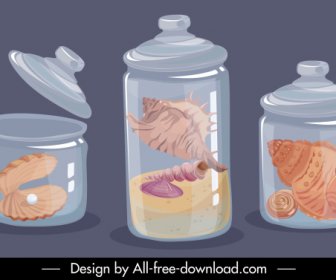 Sea Species Display Icons Jars Sketch Colored Classic
