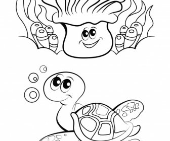 바다 종 아이콘 산호 거북이 스케치 양식에 일치시키는 핸드 그린